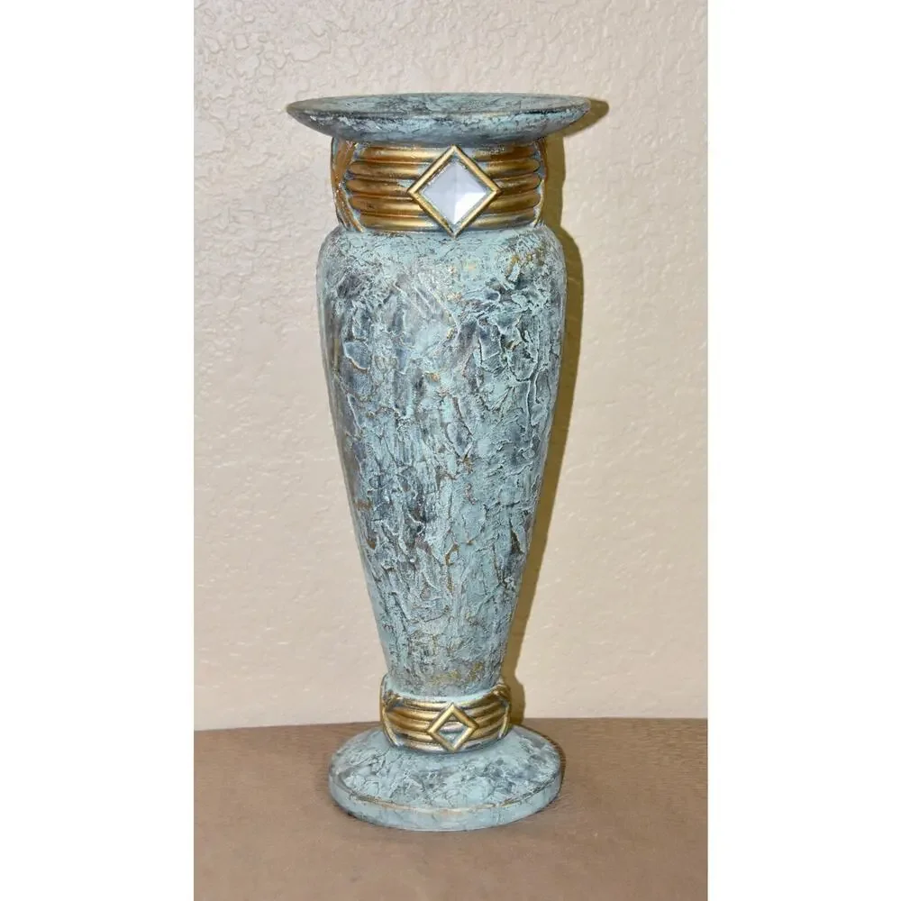 Jaru Art Deco Green and Gold Cast Stone Ceramic Pedestal Vase